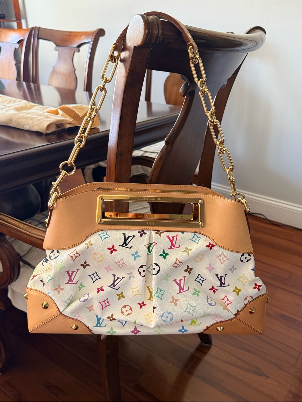 Louis Vuitton White Multicolor Monogram Canvas Shoulder Bag with Tan Trim